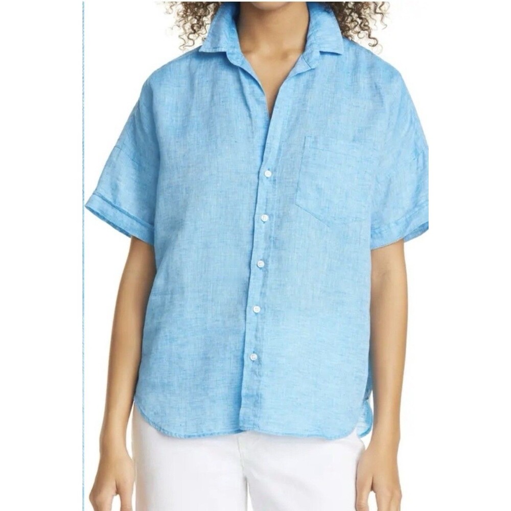 Frank & Eileen Rose Linen Shirt Large Blue Short Sleeve Button Up Shirt Italy